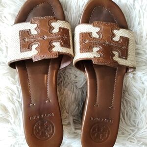 Tory Burch Brown and Cream Slide Sandals